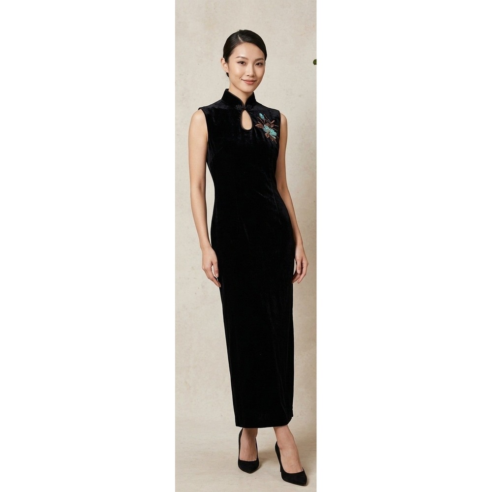Vintage Black Crushed Velvet Qipao Cheongsam Long Dress Sequin Floral Slit Sz L